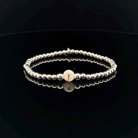 925 Sterling Silver Beaded Stretch Stacking Bracelet MOP Letter Initial J - Picture 1 of 6